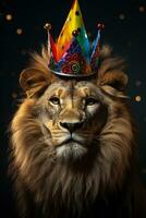 Afrikaanse leeuw in een feestelijk partij hoed voor nieuw jaren geïsoleerd Aan een helling achtergrond foto