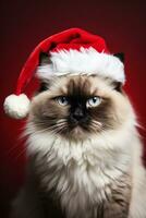 lappenpop kat vervelend de kerstman claus pet en baard geïsoleerd Aan een helling Kerstmis achtergrond foto
