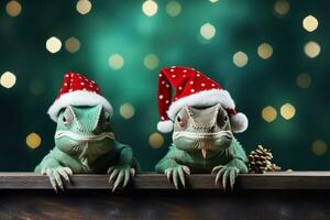 nieuw jaren kameleon vervelend miniatuur santas hoed en rinkelen klokken achtergrond met leeg ruimte voor tekst foto