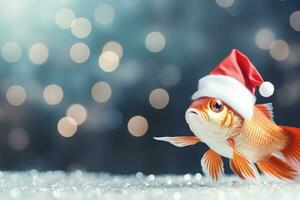 Kerstmis koi vis met miniatuur santas hoed drijvend achtergrond met leeg ruimte voor tekst foto