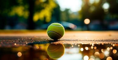 geel tennis bal Aan de rechtbank - ai gegenereerd beeld foto