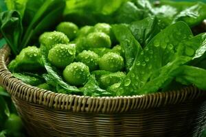 verfrissend groen groenten in bedauwd mand - Gezondheid en welzijn nog steeds leven - ai gegenereerd foto