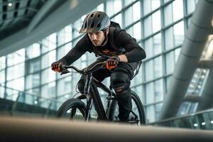 intens bmx rijder slijpen het spoor met bepaling Bij skatepark - actie sport- schot - ai gegenereerd foto