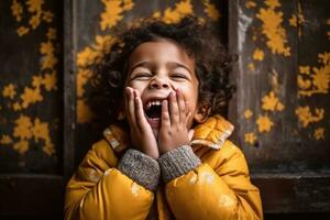 ongebreideld vreugde - detailopname portret van een lachend kind in huis instelling, zuiver emoties van geluk en onschuld - ai gegenereerd foto