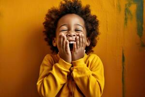 de schoonheid van kinderjaren - een detailopname portret van een blij kind in een huis instelling - ai gegenereerd foto