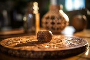 sereen hout graan detailopname - ingewikkeld patronen Aan een houten tafel verlichte door zacht natuurlijk licht - nog steeds leven fotografie - ai gegenereerd foto