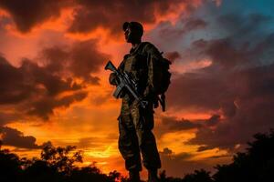 moed in oorlog - een soldaat silhouet tegen een verbijsterend zonsondergang - ai gegenereerd foto