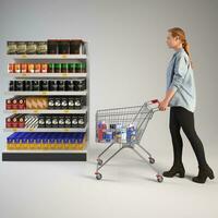 gelukkig jong vrouw op zoek Bij producten in kruidenier op te slaan en buying goederen in supermarkt. foto