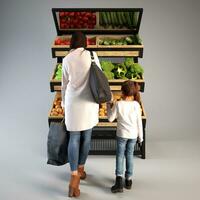 gelukkig jong vrouw op zoek Bij producten in kruidenier op te slaan en buying goederen in supermarkt. foto