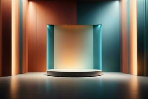 Product vitrine, luxe podium, gloeiend luxe vitrine, ai generatief foto