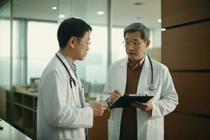 portret van twee Aziatisch mannen dokter pratend elk andere in ziekenhuis hal ai generatief foto