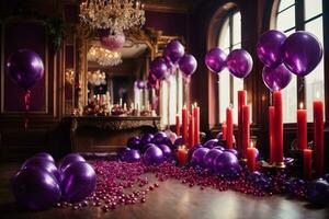 kamer met baloons en kaarsen ai gegenereerd foto