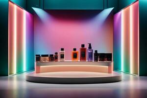 Product vitrine, luxe podium, gloeiend luxe vitrine, ai generatief foto