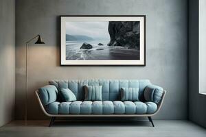 3d geven modern blauw sofa met schilderij ai generatief foto