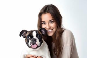 mooi jong Kaukasisch brunette meisje knuffels Frans bulldog Aan wit achtergrond ai generatief foto