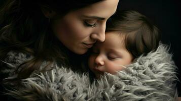 een moeder en haar baby omhuld in een vredig omarmen.. generatief ai foto