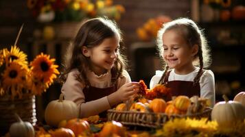 ai generatief. schattig weinig meisjes zijn zittend Bij de tafel met herfst decoratie en glimlachen foto