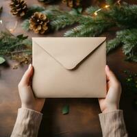 ai generatief. vrouw handen Holding ambacht envelop met Kerstmis decoratie Aan houten achtergrond foto