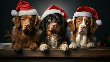 ai generatief. groep van honden in de kerstman claus hoeden Aan een houten tafel tegen een donker achtergrond foto