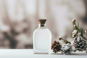 ai generatief. parfum fles met pijnboom kegels Aan de achtergrond van winter Woud foto