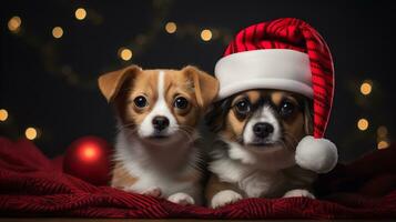 ai generatief. twee schattig welsh corgi puppy's in de kerstman hoed Aan Kerstmis achtergrond foto