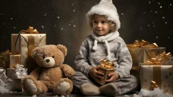 ai generatief. schattig weinig jongen met Kerstmis cadeaus en beer Aan donker achtergrond foto