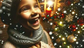 een detailopname beeld vastleggen de vreugdevol uitdrukking van een jong meisje net zo ze zingt een Kerstmis Carol.. generatief ai foto