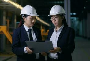 vrouw project managers in veiligheid helmen. genereren ai foto