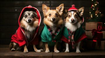 ai generatief. drie honden in Kerstmis kostuums Aan de achtergrond van een houten muur. foto