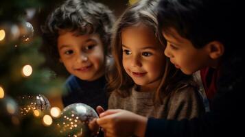 ai generatief. groep van gelukkig kinderen decoreren Kerstmis boom met kleurrijk ballen Bij huis foto