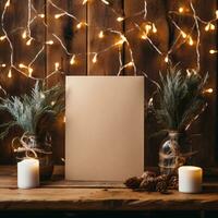 ai generatief. Kerstmis groet kaart mockup met Spar boom takken en Kerstmis decoraties Aan houten achtergrond foto