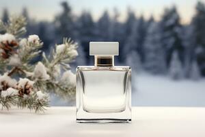 ai generatief. parfum fles met pijnboom kegels Aan de achtergrond van winter Woud foto