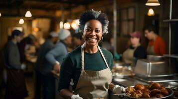 ai generatief. Afrikaanse Amerikaans vrouw chef glimlachen Bij camera Bij teller in restaurant foto