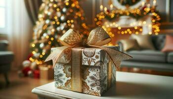 een detailopname van een prachtig verpakt Kerstmis geschenk met ingewikkeld patronen en een glimmend goud lintje.. generatief ai foto