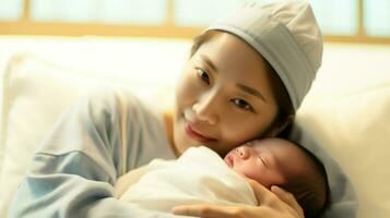 een Aziatisch moeder en haar pasgeboren baby zijn heel dichtbij naar elk ander.. generatief ai foto