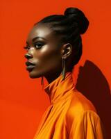 mooi Afrikaanse vrouw met vlechtjes vervelend een elegant oranje jurk, uitstralend genade en vertrouwen.. generatief ai foto