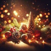 Kerstmis decoratie met brandend kaarsen, peperkoek huis, Kerstmis boom en bokeh achtergrond. foto