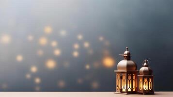 Ramadan kareem groeten met Islamitisch lantaarn en moskee foto