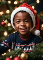 gelukkig afro Amerikaans weinig jongen Kerstmis en gelukkig nieuw jaar uitstraling ai generatief foto