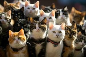 veel katten van verschillend rassen zijn aan het kijken een prestatie, een wedstrijd. de katten kijken direct Bij de camera. gegenereerd door kunstmatig intelligentie- foto