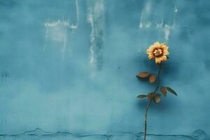 blauw vlak muur met bloem Aan de kant ai generatief foto