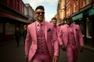 groep van mannen wandelen in de omgeving van vervelend roze pak ai generatief foto