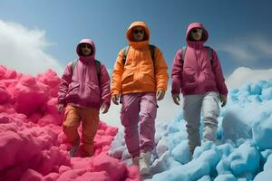 groep van mannen slijtage kleurrijk jasje en zak Bij berg ai generatief foto