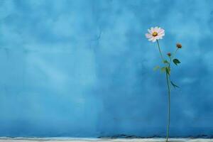 blauw vlak muur met bloem Aan de kant ai generatief foto