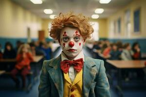 jongen clown Bij school. genereren ai foto