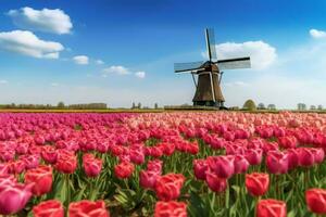 tulpen veld- windmolen tafereel. genereren ai foto