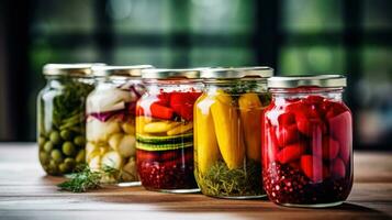 huis behoud, inblikken voor de winter. 5 glas potten met ingeblikt groenten courgette, komkommers, pepers, tomaten, bieten, dille kruiden, specerijen. Aan donker achtergrond. huis behoud. ai gegenereerd foto