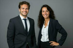 een Mens en vrouw in bedrijf kleding poseren voor de camera. ai generatief foto