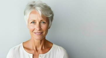 portret van een prachtig Jaren 50 midden leeftijd vrouw met grijs haar- lachend, kopiëren ruimte. ai generatief foto