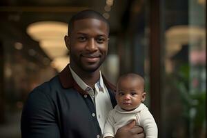 een Mens Holding een baby in zijn armen. ai generatief foto